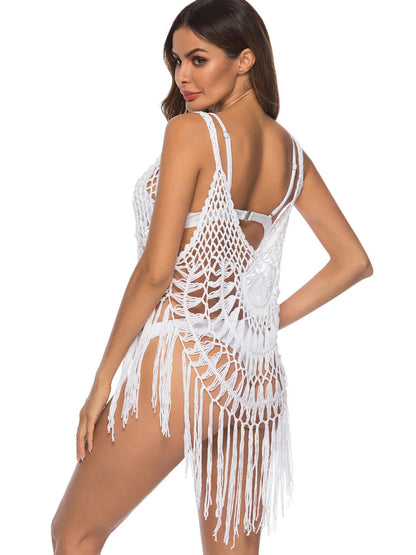 White Crochet Fringe Beach Cover Up