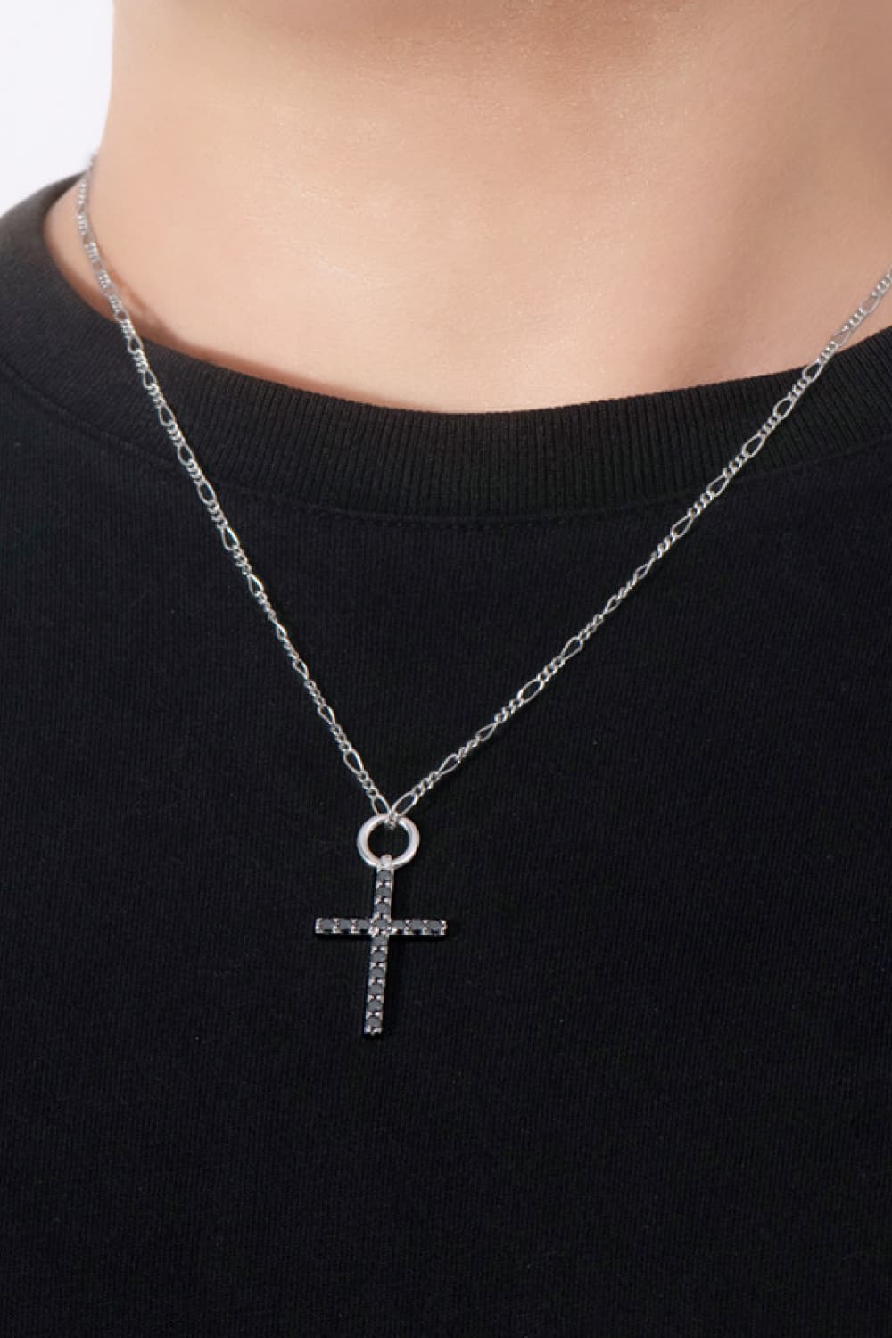 Moissanite Cross Pendant Platinum-Plated Necklace around neck