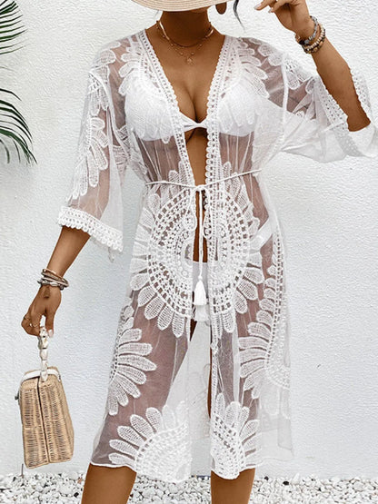 White Lace Open Front Longline Cover-Up