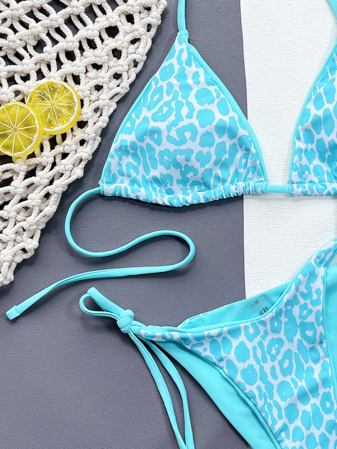 Aqua Leopard Print Halter Neck Tie Side Bikini Set