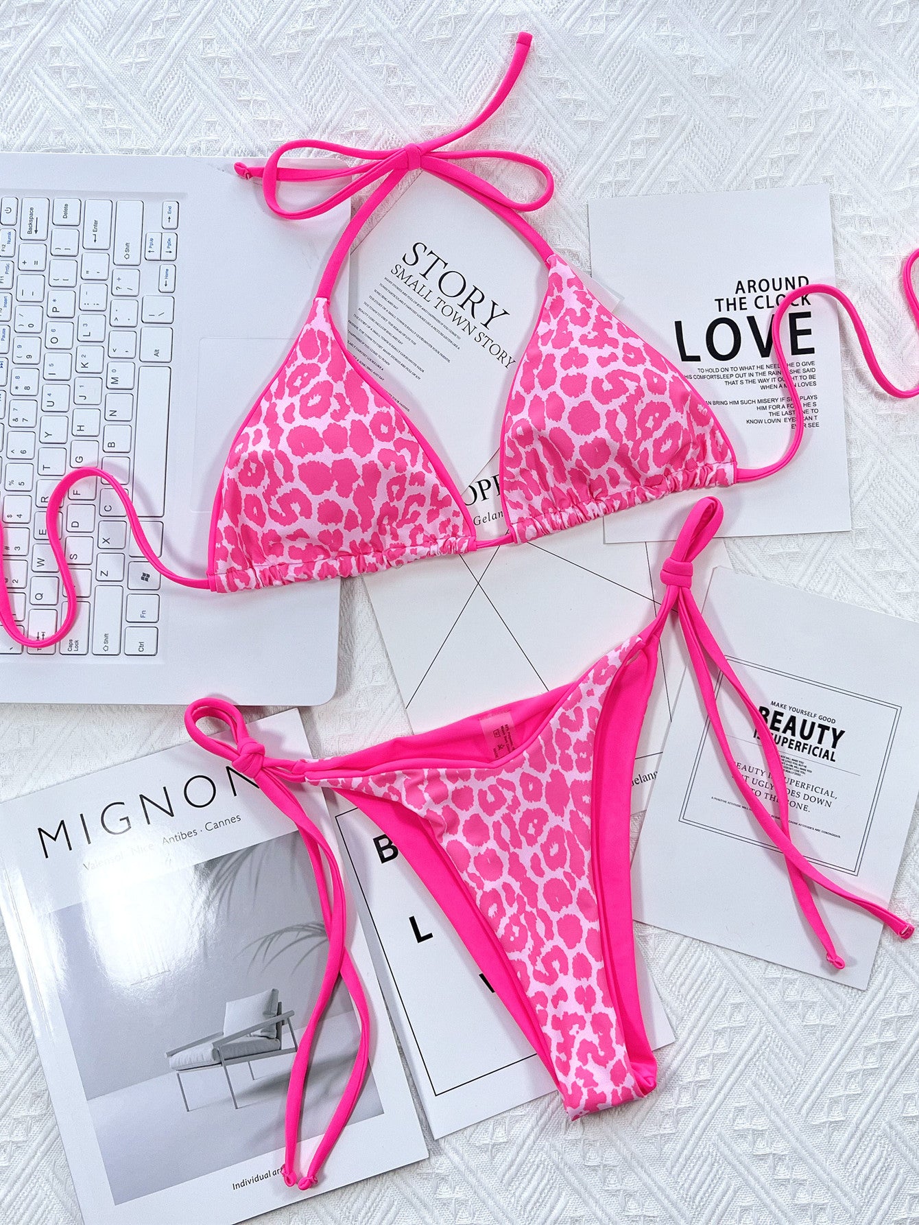 Hot Pink Leopard Print Halter Neck Tie Side Bikini Set