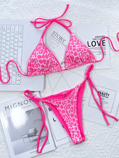 Hot Pink Leopard Print Halter Neck Tie Side Bikini Set