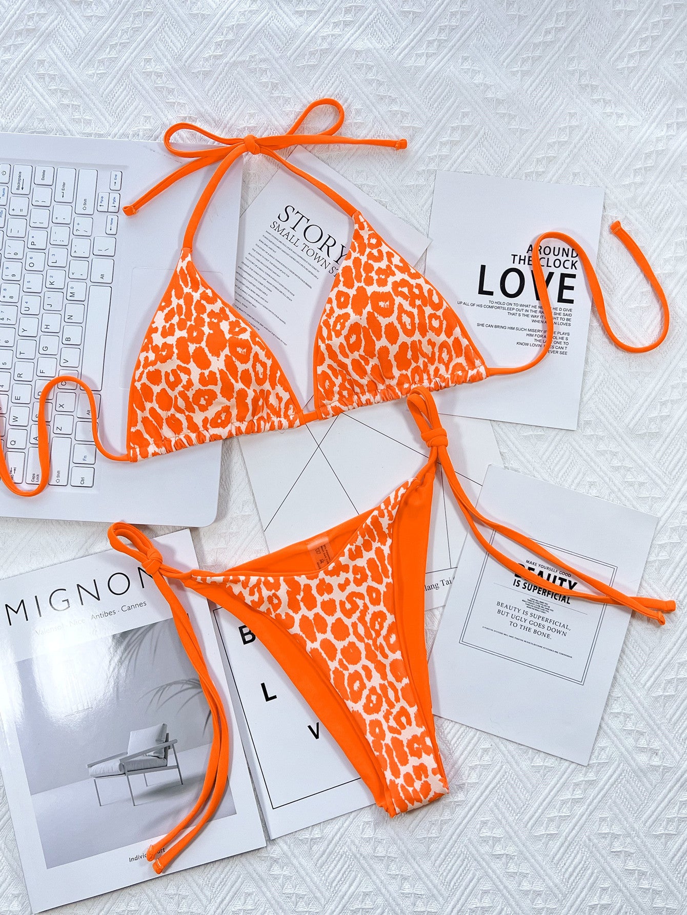 Tangerine Leopard Print Halter Neck Tie Side Bikini Set