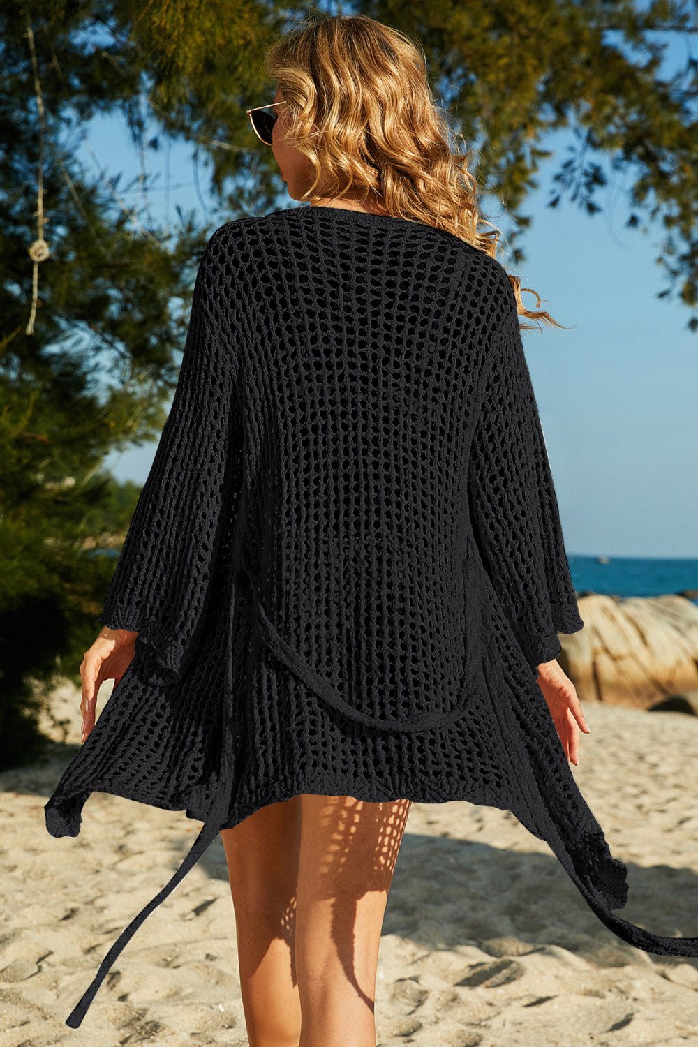 Black Cream Tie-Waist Openwork Crochet Cover Up