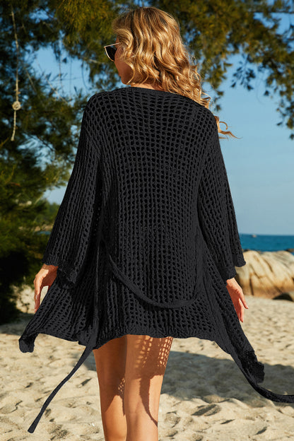 Black Cream Tie-Waist Openwork Crochet Cover Up