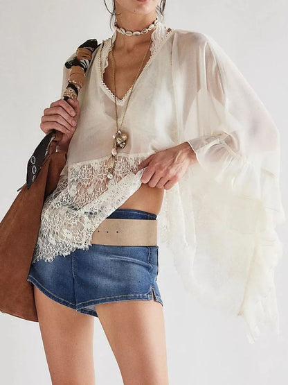 White Lace V-Neck Ruffle Long Sleeve Cover-Up
