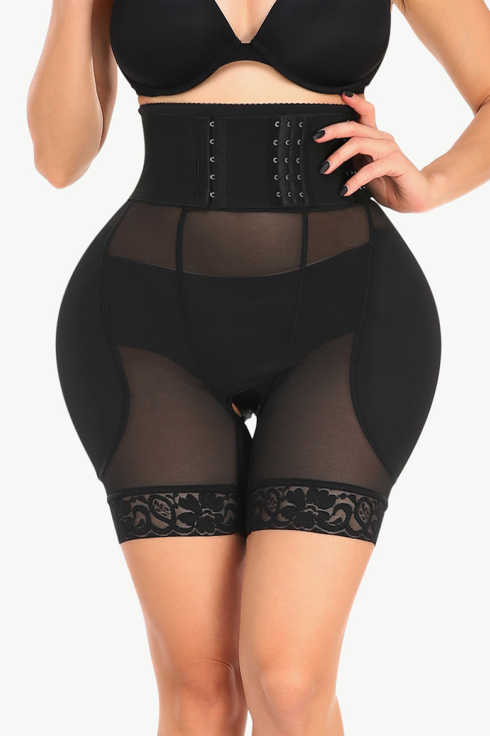 Black Full Size Breathable Lace Trim Shaping Shorts