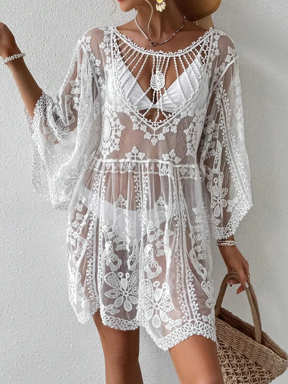 White Lace Round Neck Cover-Up