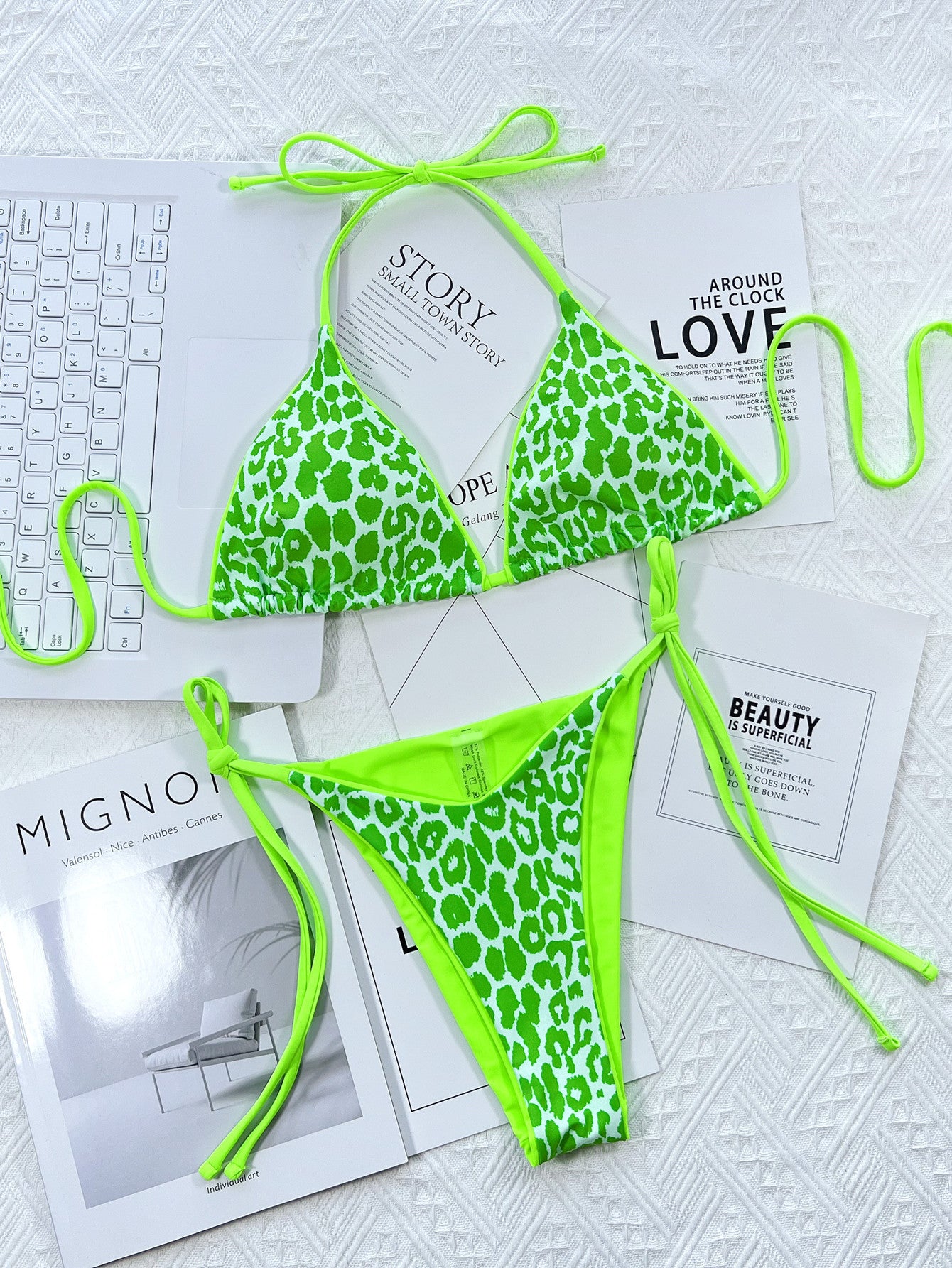 Mint Green Leopard Print Halter Neck Tie Side Bikini Set