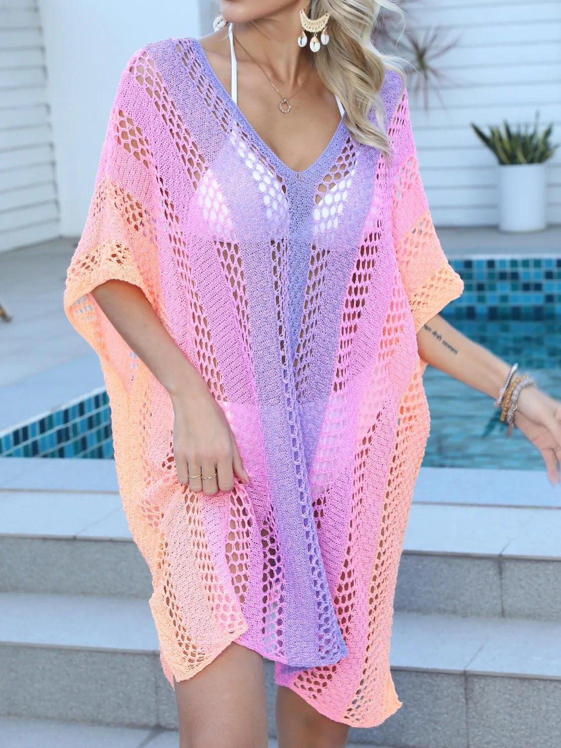 Blush Pink Rainbow Gradient Crochet Beach Cover Up