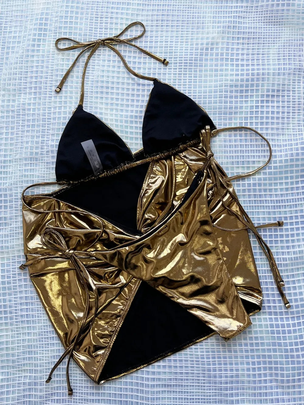 Golden Tied Halter Neck Three-Piece Bikini Set