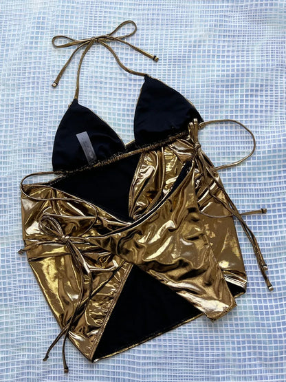 Golden Tied Halter Neck Three-Piece Bikini Set