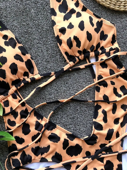 Tan Dotted Lace-Up Backless Plunge One-Piece Swimwear