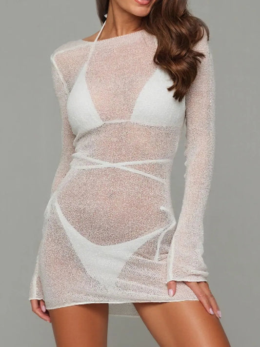 White Sheer Backless Long Sleeve Mini Cover-Up Dress