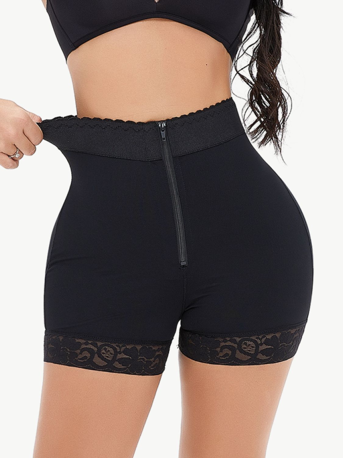 Black Full Size Zip-Up Lace Trim Shaping Shorts