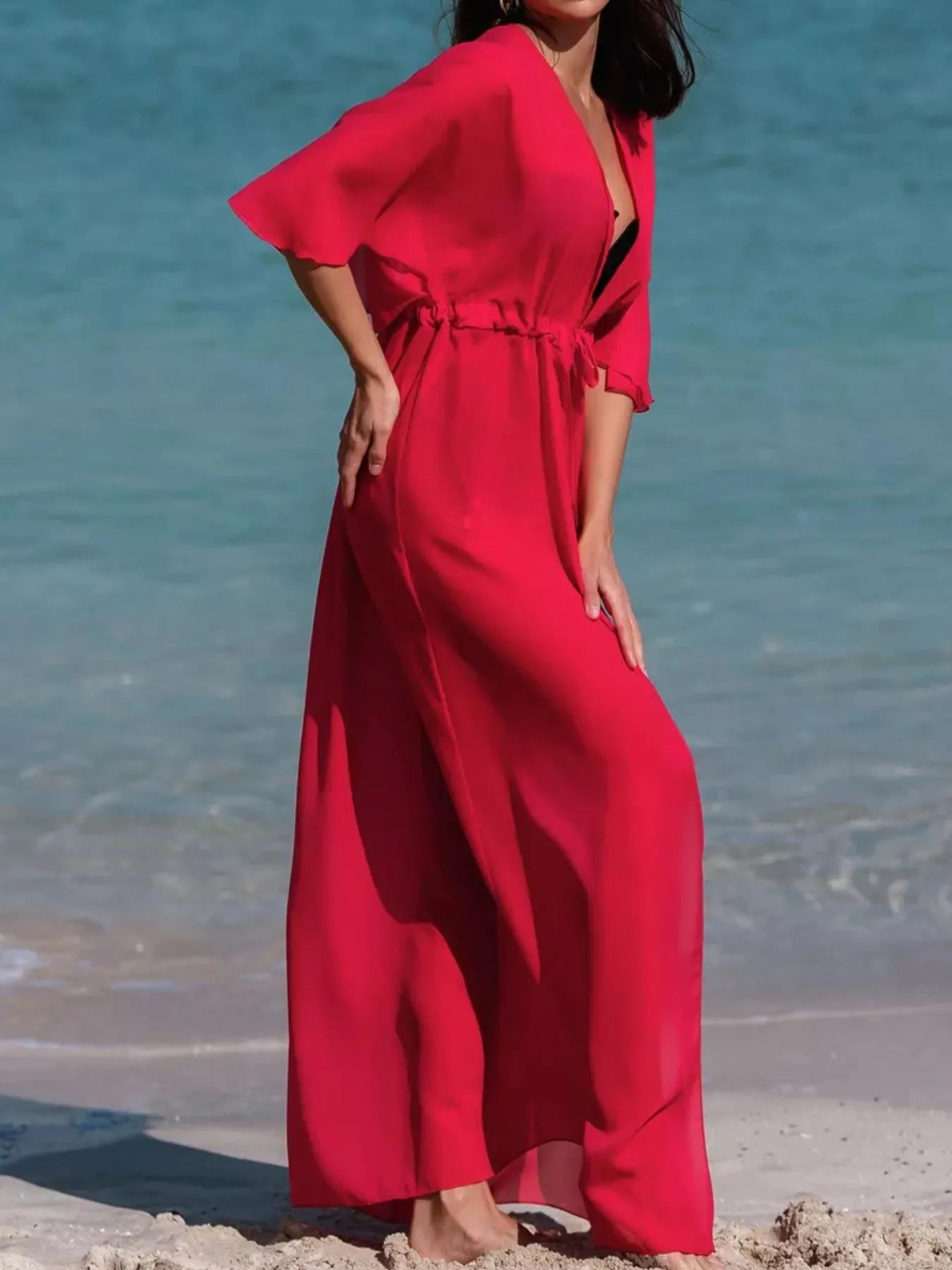 Deep Red Flutter Sleeve Cover-Up