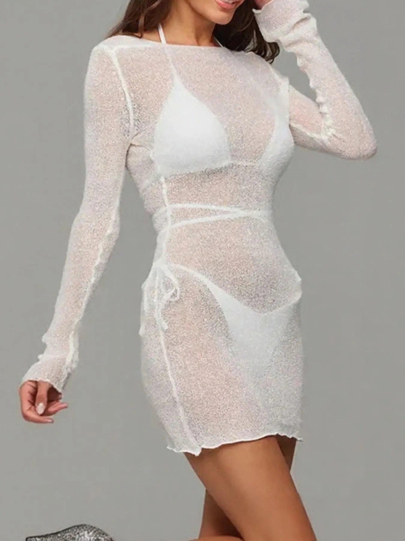White Sheer Backless Long Sleeve Mini Cover-Up Dress