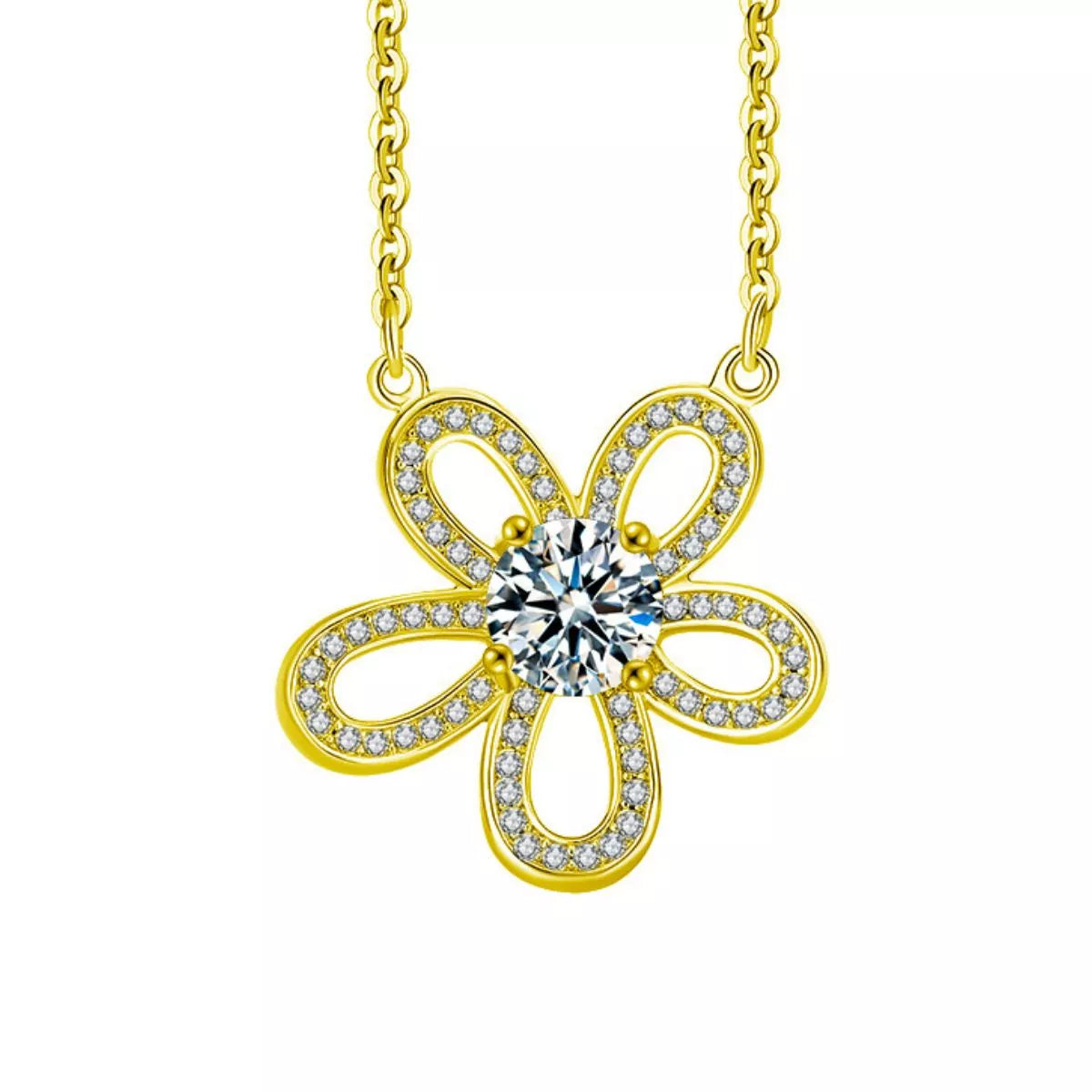 1 Carat Moissanite 925 Sterling Silver Flower Pendant Necklace Gold
