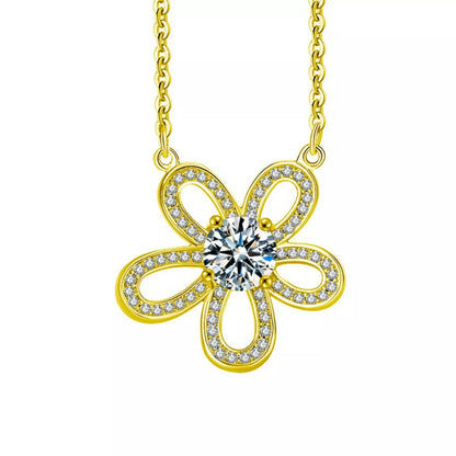 1 Carat Moissanite 925 Sterling Silver Flower Pendant Necklace Gold