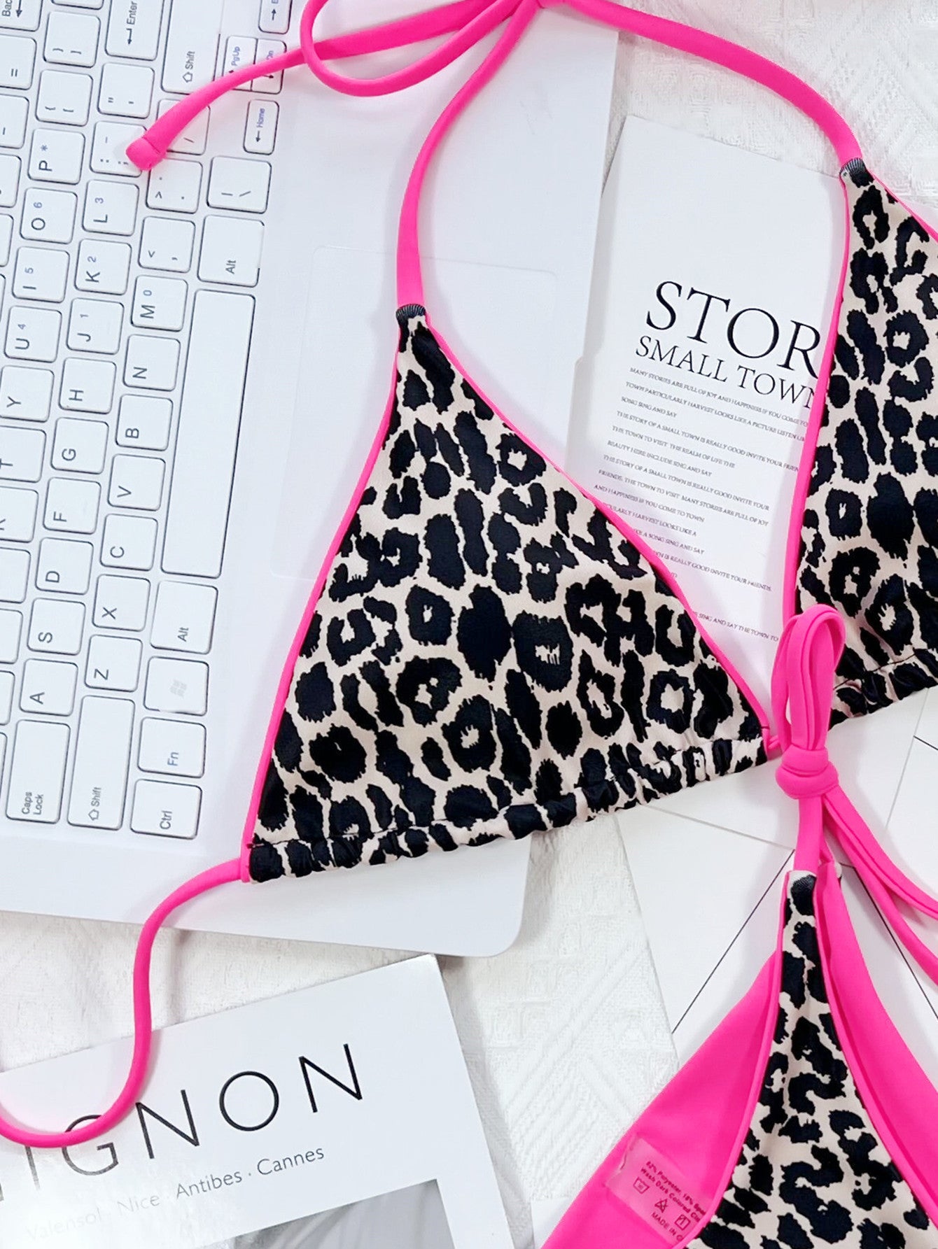 Pink Leopard Print Halter Neck Tie Side Bikini Set