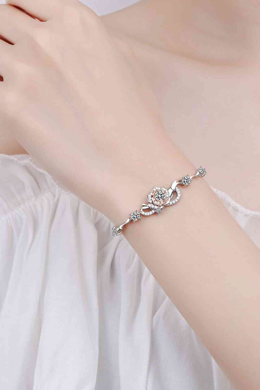 925 Sterling Silver Moissanite Rose Bracelet around wrist