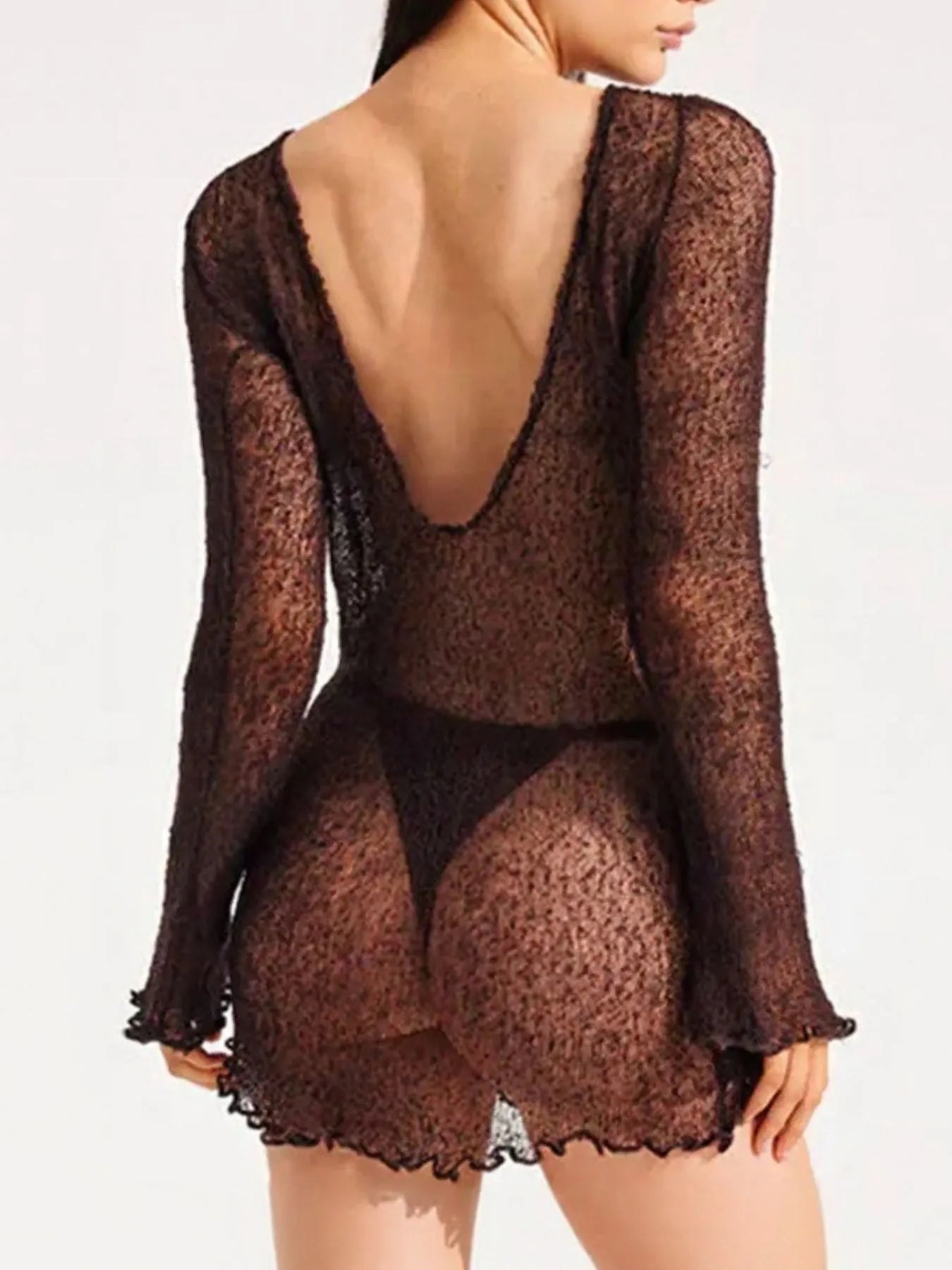 Black Sheer Backless Long Sleeve Mini Cover-Up Dress