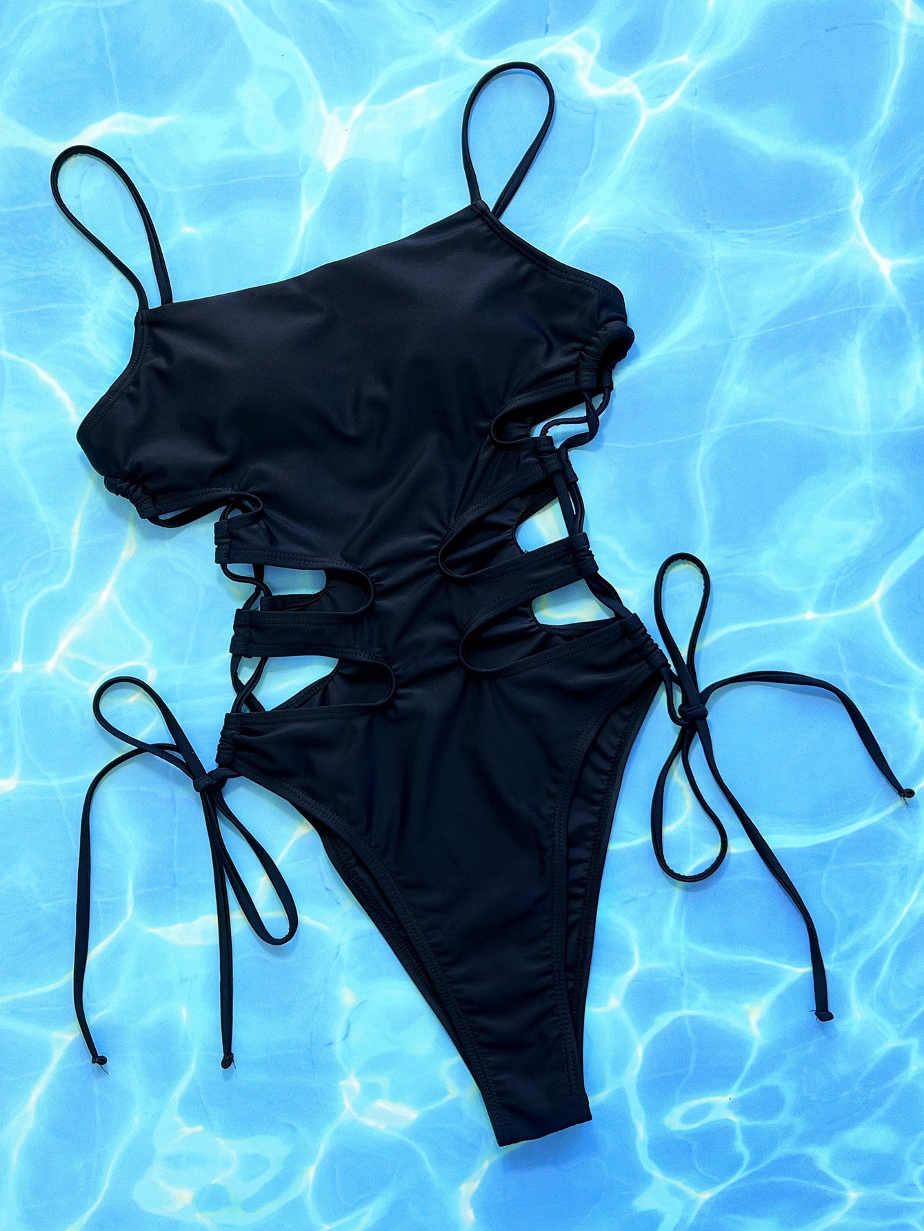 Black Cutout Lace-Up Spaghetti Strap One-Piece Swimsuit