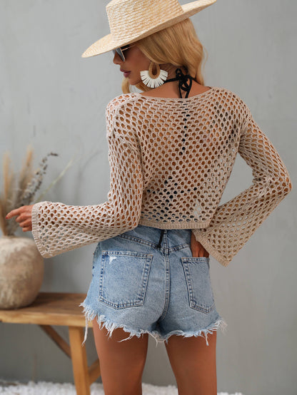 Beige Openwork Flare Sleeve Cropped Cover Up