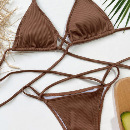 Brown Halter Neck Crisscross Ribbed Bikini Set
