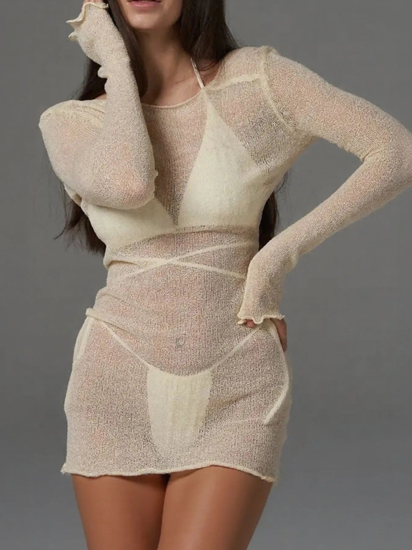 Beige Sheer Backless Long Sleeve Mini Cover-Up Dress