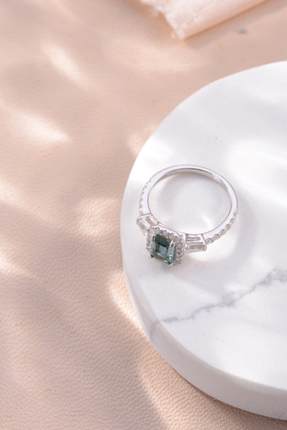 Green 1 Carat Moissanite 925 Sterling Silver Ring on display