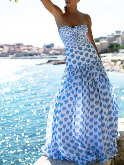 Blue Heart Printed One-Piece Swimwear and Skirt Set