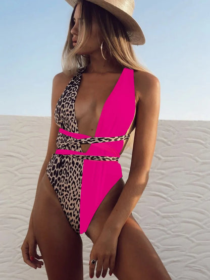 Hot Pink Tied Leopard Plunge One-Piece Swimwear