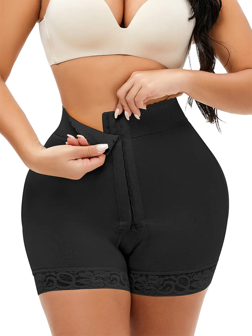 Black Full Size Lace Detail Hook-and-Eye Shaping Shorts