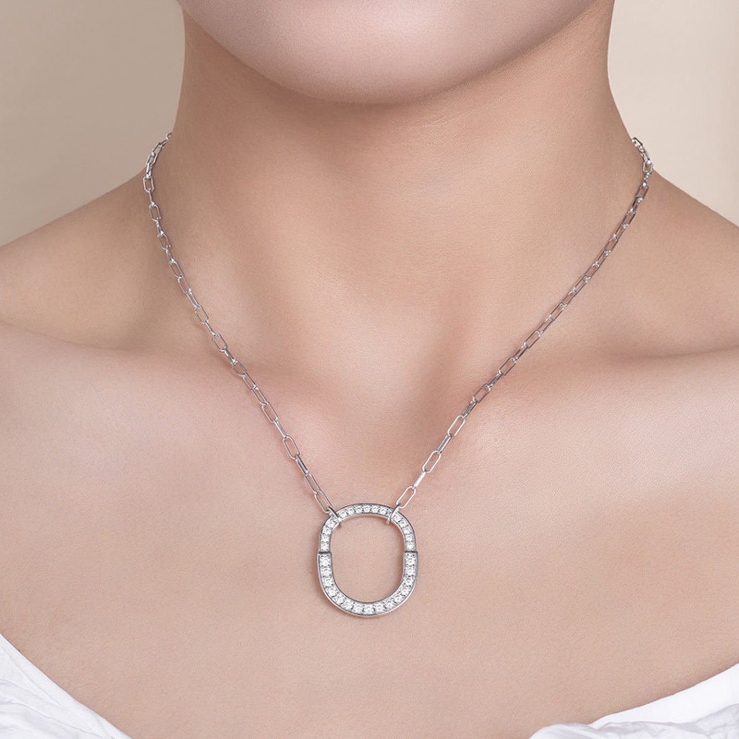 925 Sterling Silver Inlaid Moissanite Pendant Necklace around neck