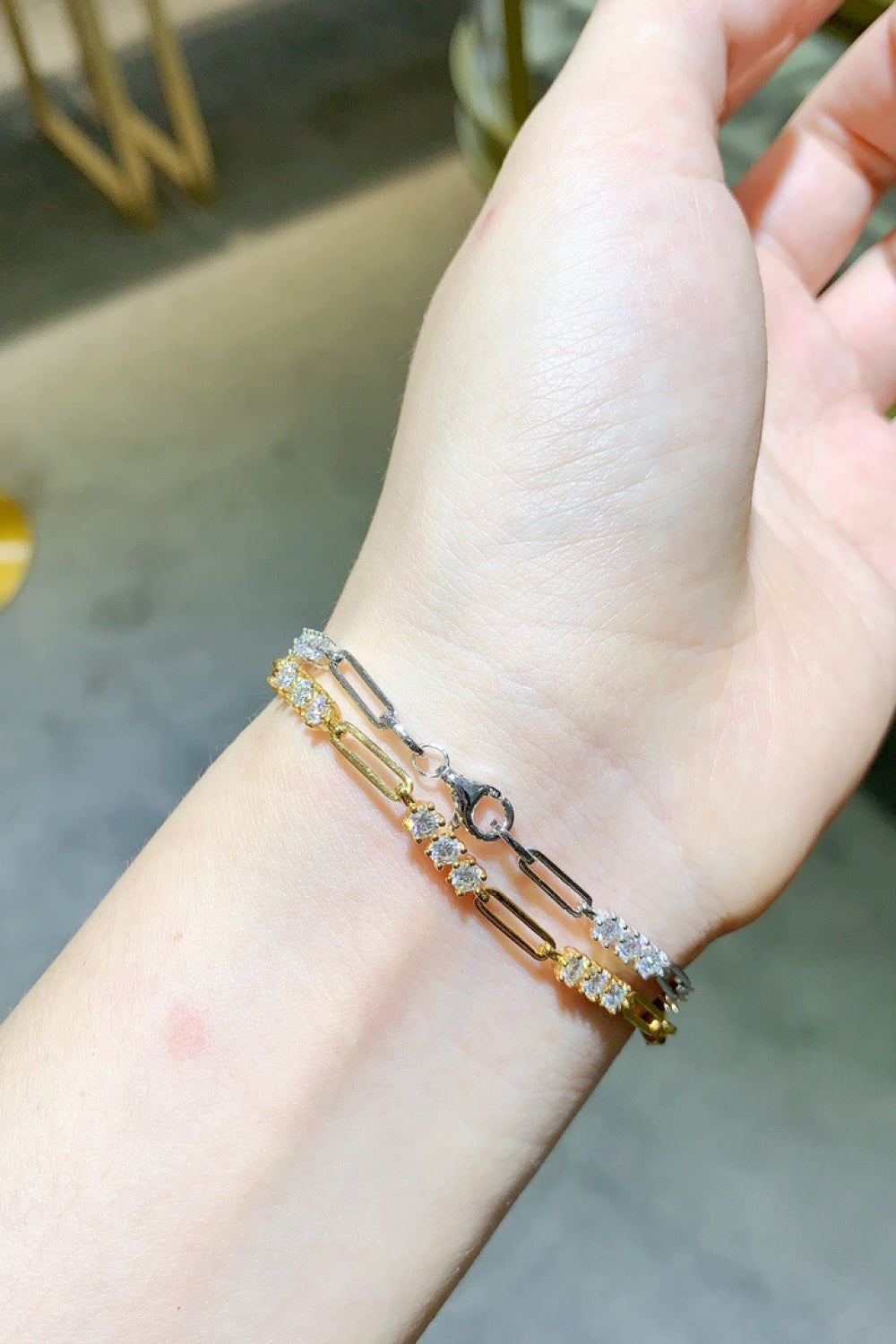 1.8 Carat Moissanite Sterling Silver Bracelet and 1.8 Carat Moissanite 18K Gold-plated Bracelet on wrist