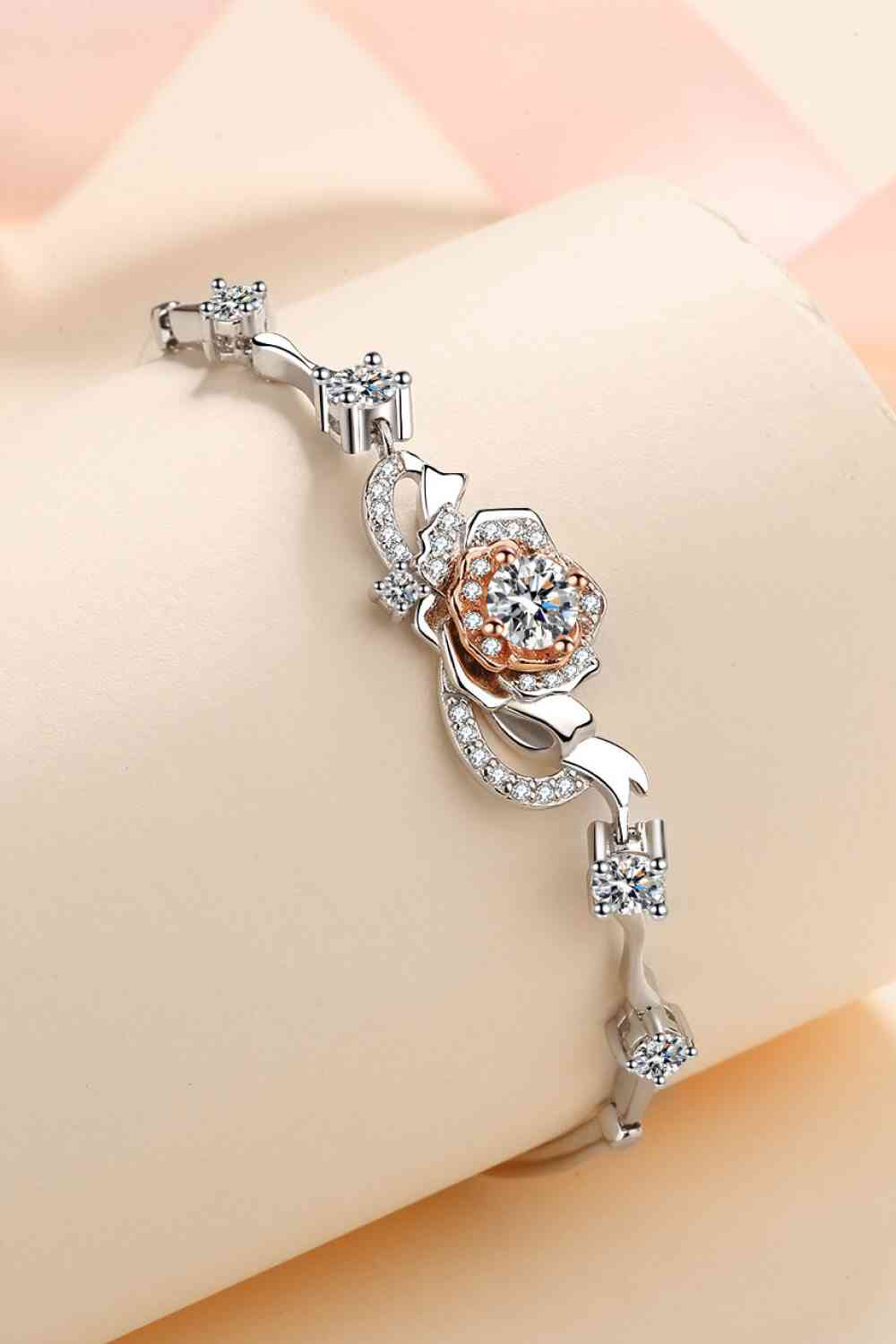 925 Sterling Silver Moissanite Rose Bracelet on display