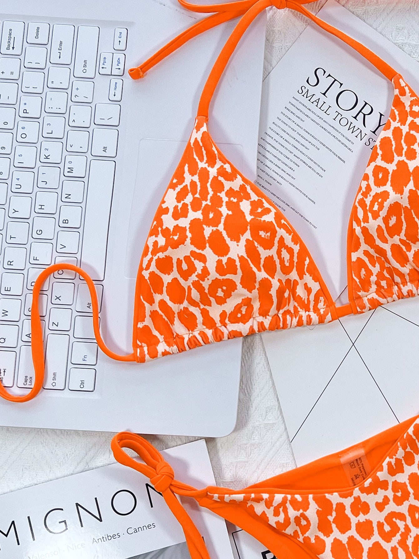 Tangerine Leopard Print Halter Neck Tie Side Bikini Set