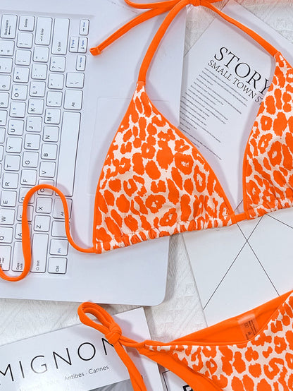 Tangerine Leopard Print Halter Neck Tie Side Bikini Set