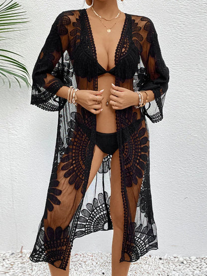 Black Lace Open Front Longline Cover-Up
