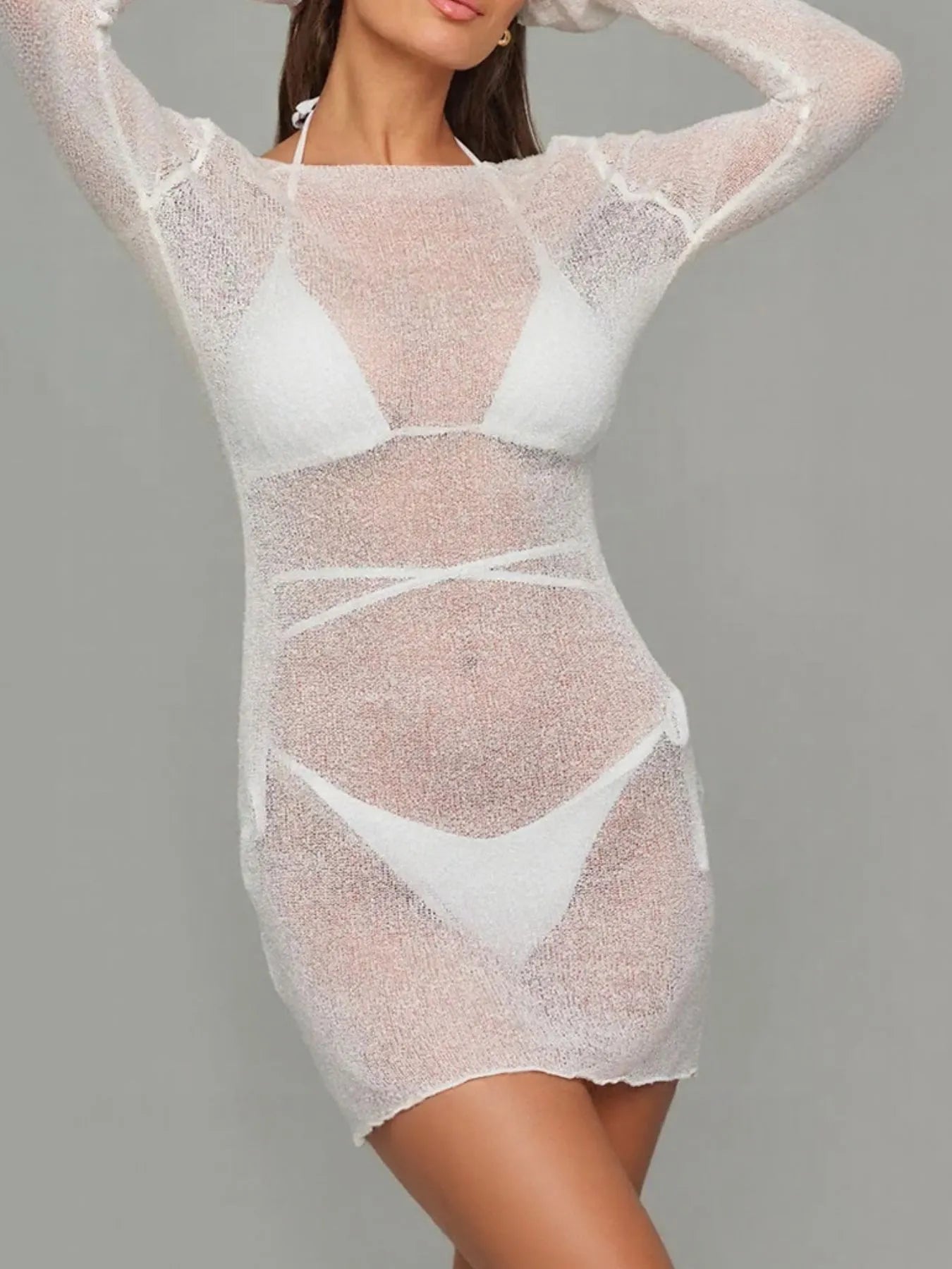 White Sheer Backless Long Sleeve Mini Cover-Up Dress