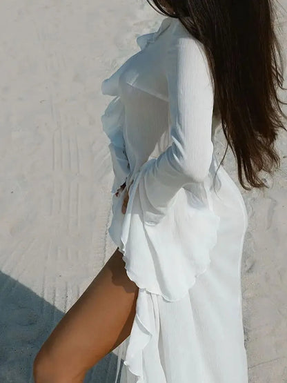 White Ruffled Long Sleeve Cover-Up Dress
