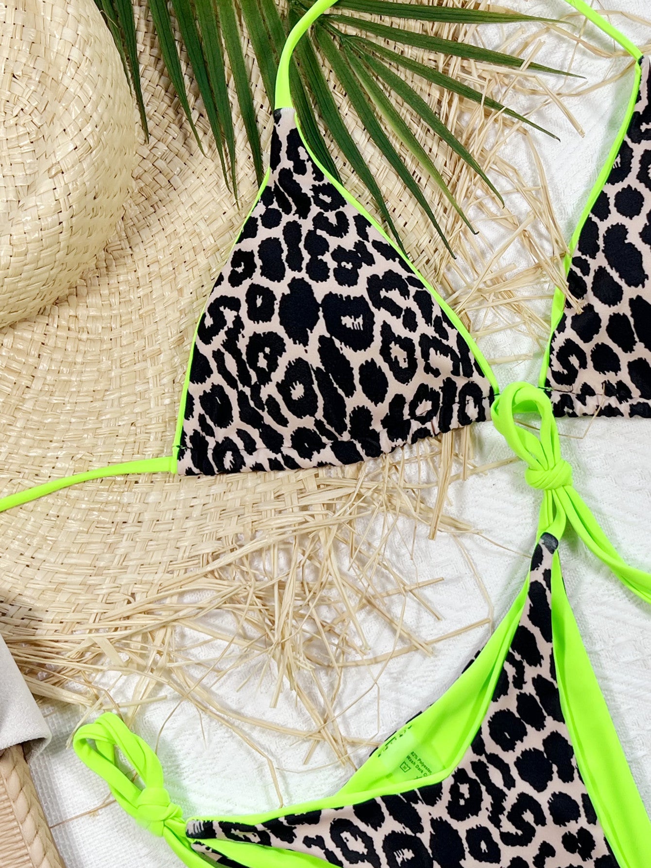 Green Leopard Print Halter Neck Tie Side Bikini Set