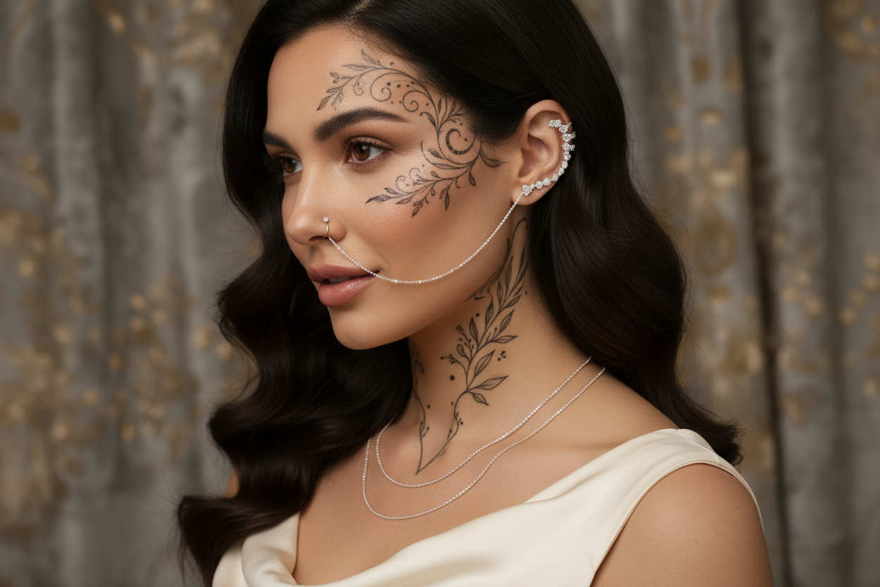 female with elegant tatts with elegant diamond chain from nose to ear